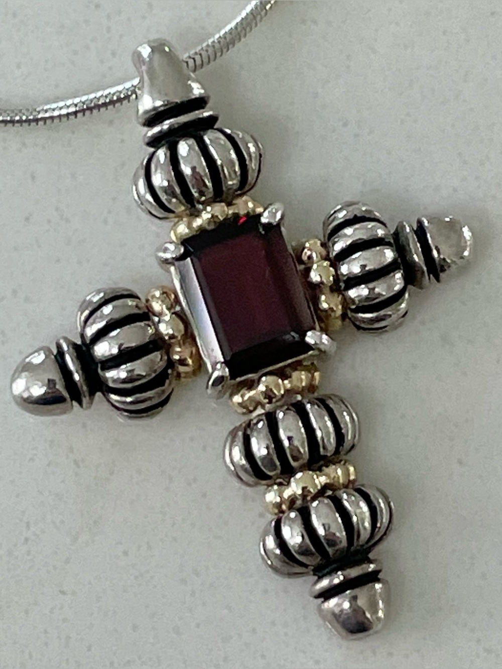 Vintage Clyde Duneier Sterling Silver 14K Gold Garnet Cross Pendant